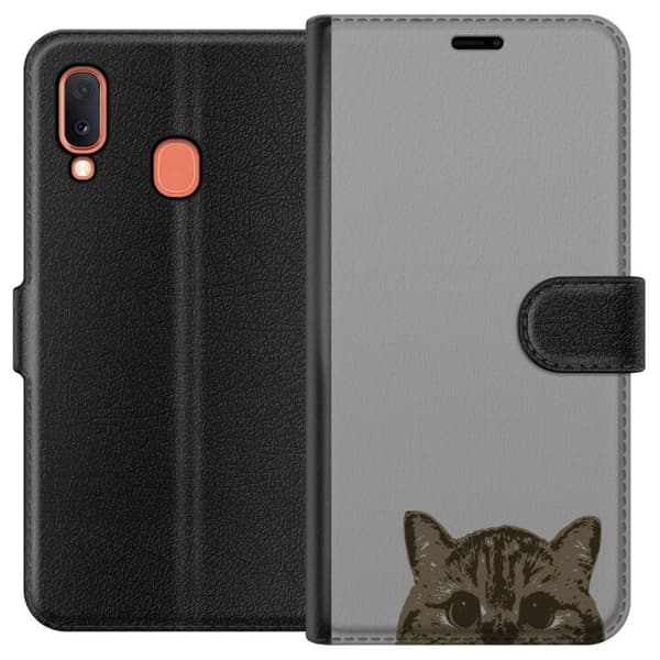 Samsung Galaxy A20e Plånboksfodral Grå Kattblick – stilren kattdesign med grå bakgrund