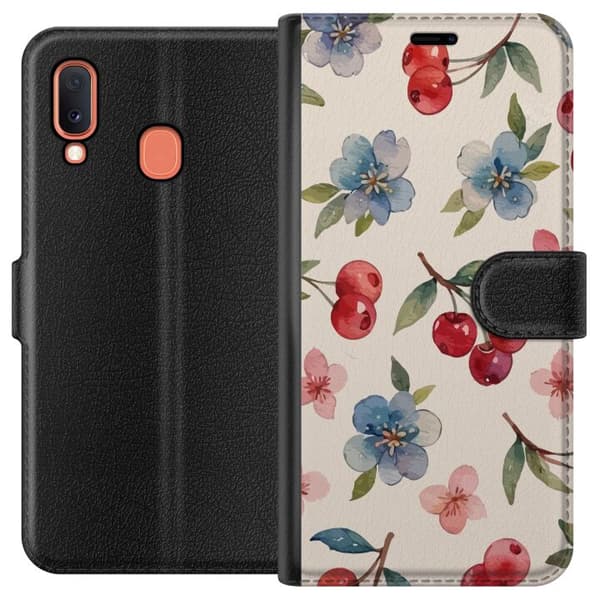 Samsung Galaxy A20e Lompakkokotelo Marjat & Kukat - kuvio, jossa on sinisiä kukkia ja metsänmarjoja