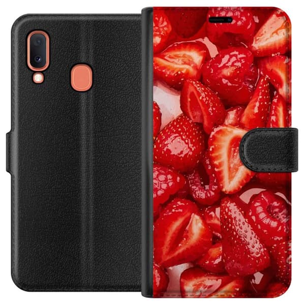 Samsung Galaxy A20e Plånboksfodral Jordgubbsmönster – sött motiv med sommarkänsla
