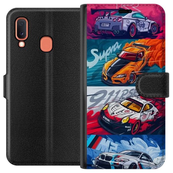 Samsung Galaxy A20e Lompakkokotelo Nopeat Autot - Piirretty Kuvio Toiminnalla