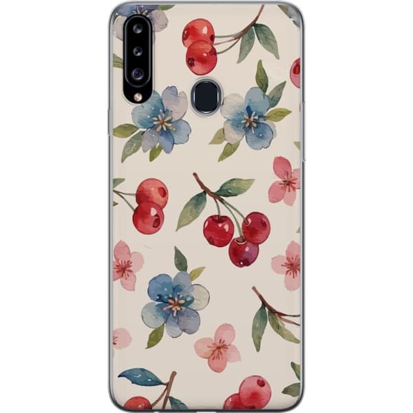 Samsung Galaxy A20s Läpinäkyvä kuori Marjat & Kukat - kuvio, jossa on sinisiä kukkia ja metsänmarjoja