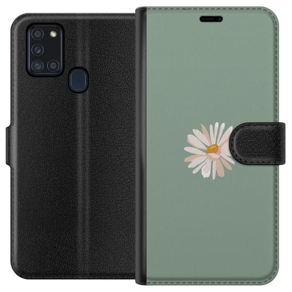 Samsung Galaxy A21s Plånboksfodral Grön Minimalblomma – stilren blomma på grön bakgrund