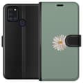 Miniatyrbild 1 av 3: Samsung Galaxy A21s Plånboksfodral Grön Minimalblomma – stilren blomma på grön bakgrund