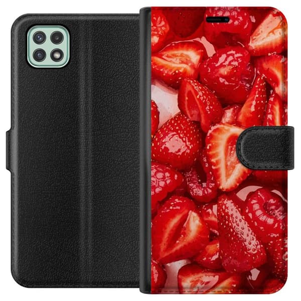 Samsung Galaxy A22 5G Plånboksfodral Jordgubbsmönster – sött motiv med sommarkänsla