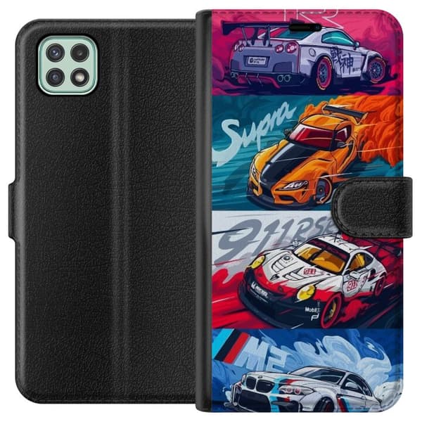Samsung Galaxy A22 5G Lompakkokotelo Nopeat Autot - Piirretty Kuvio Toiminnalla