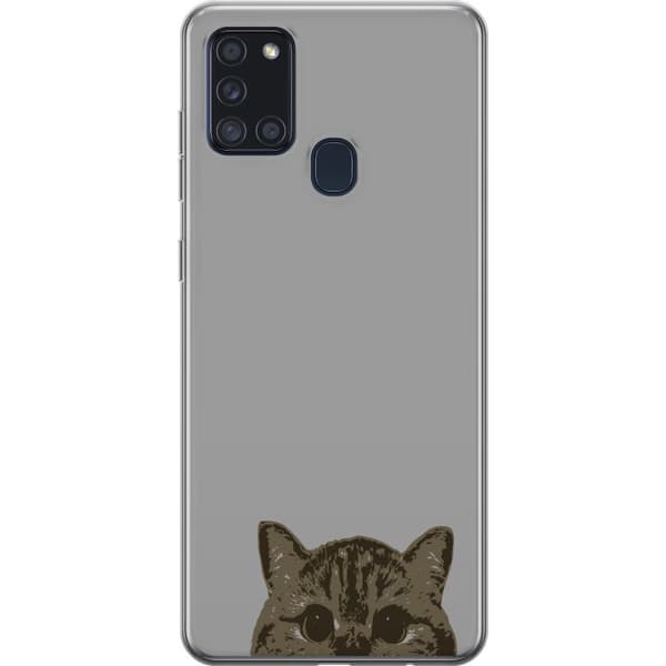 Samsung Galaxy A21s Läpinäkyvä kuori Harmaa kissan katse - tyylikäs kissa suunnittelu harmaalla taustalla