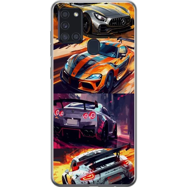 Samsung Galaxy A21s Gennemsigtig cover Rallyfeber - fartfyldt motiv med rallybiler