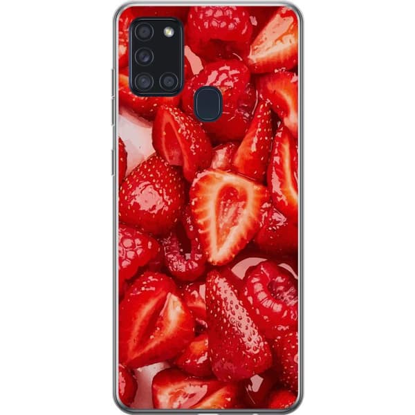 Samsung Galaxy A21s Genomskinligt Skal Jordgubbsmönster – sött motiv med sommarkänsla