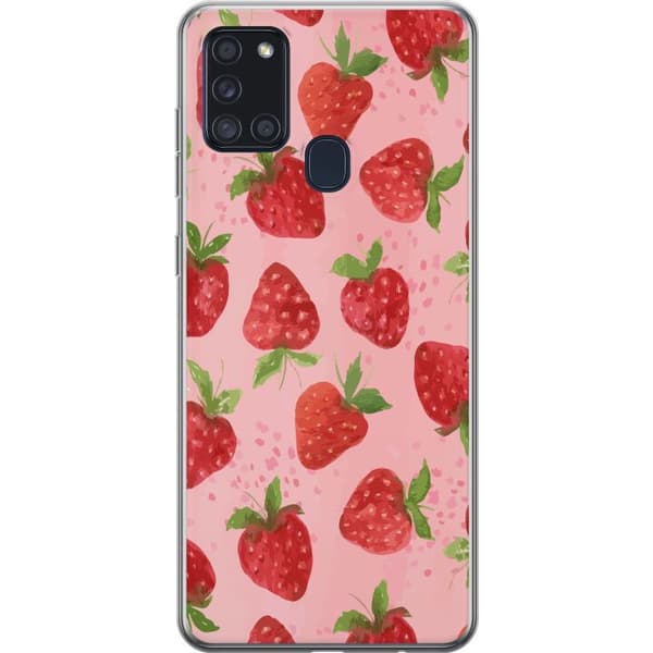 Samsung Galaxy A21s Genomskinligt Skal Strawberry Dreams – jordgubbsmönster i retrostil