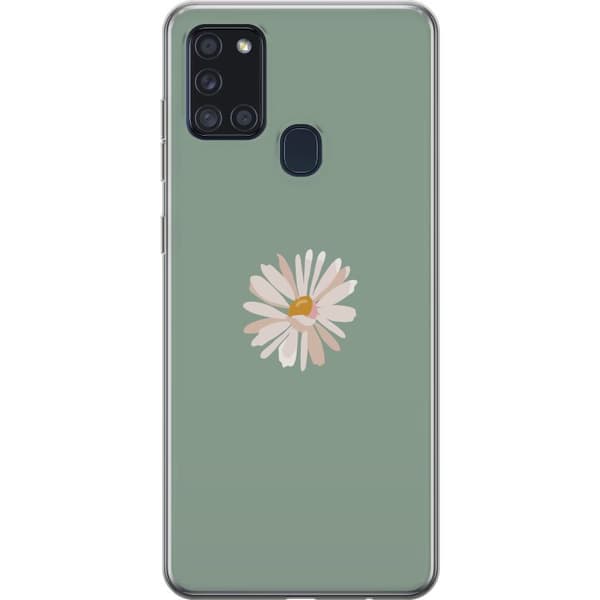 Samsung Galaxy A21s Genomskinligt Skal Grön Minimalblomma – stilren blomma på grön bakgrund