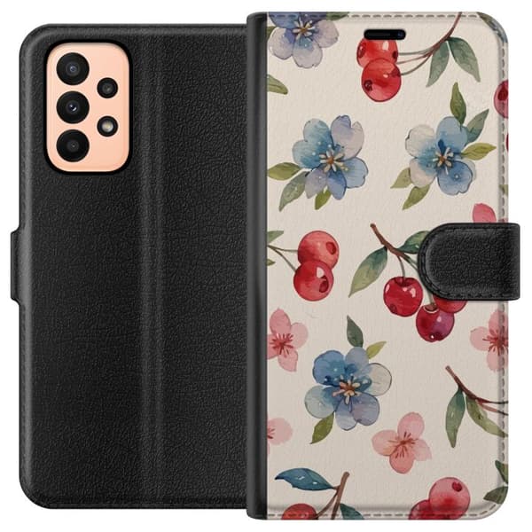 Samsung Galaxy A23 Plånboksfodral Bär & Blommor – mönster med blå blommor och skogsbär