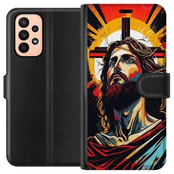 Samsung Galaxy A23 Plånboksfodral Jesus & Kort – religiöst motiv med djup symbolik