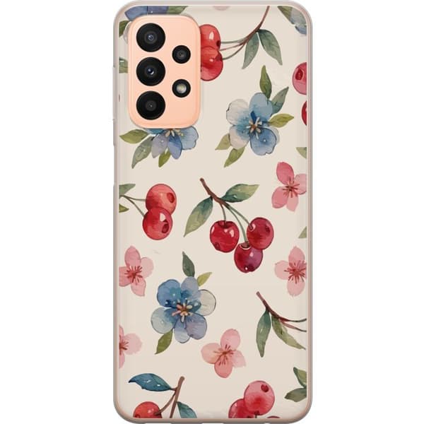 Samsung Galaxy A23 Gennemsigtig cover Bær & Blomster - mønster med blå blomster og skovbær