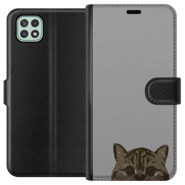 Samsung Galaxy A22 5G Plånboksfodral Grå Kattblick – stilren kattdesign med grå bakgrund