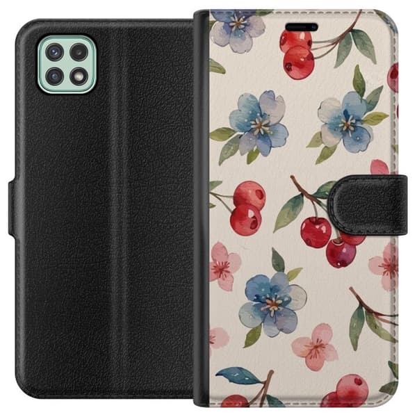 Samsung Galaxy A22 5G Tegnebogsetui Bær & Blomster - mønster med blå blomster og skovbær