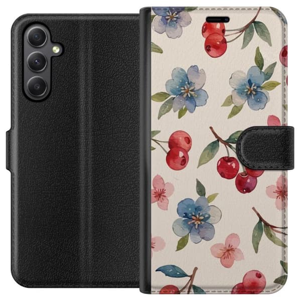 Samsung Galaxy A24 4G Tegnebogsetui Bær & Blomster - mønster med blå blomster og skovbær