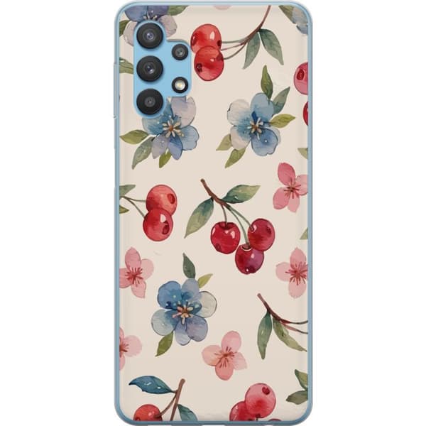 Samsung Galaxy A32 5G Gennemsigtig cover Bær & Blomster - mønster med blå blomster og skovbær