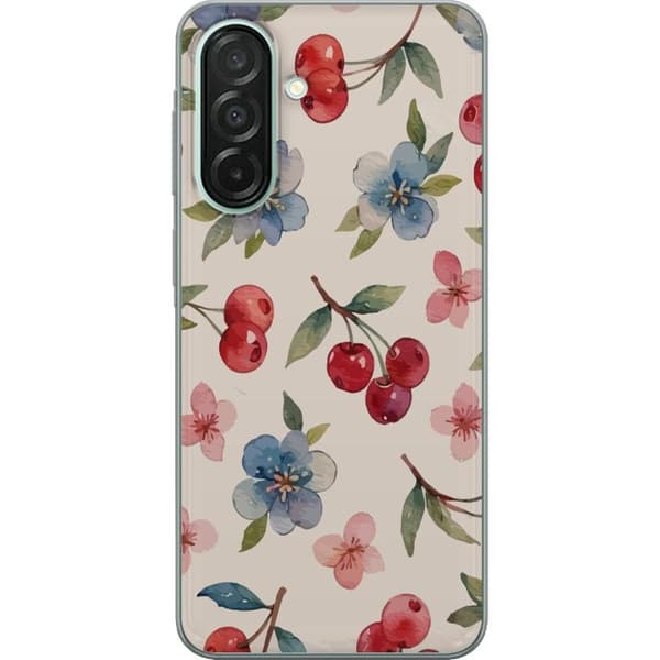 Samsung Galaxy A26 Läpinäkyvä kuori Marjat & Kukat - kuvio, jossa on sinisiä kukkia ja metsänmarjoja