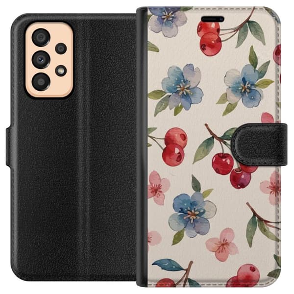 Samsung Galaxy A33 5G Tegnebogsetui Bær & Blomster - mønster med blå blomster og skovbær
