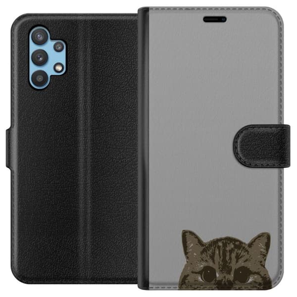 Samsung Galaxy A32 5G Tegnebogsetui Grå Katteblik - stilfuld kat design med grå baggrund