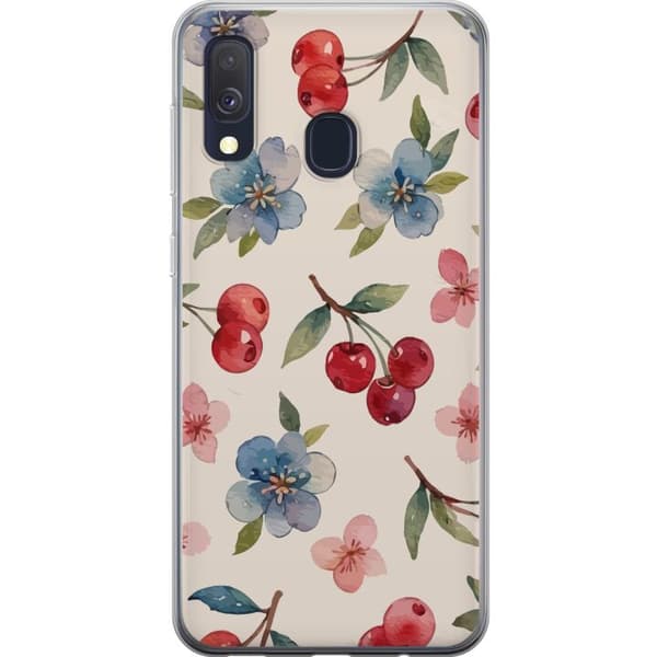 Samsung Galaxy A40 Gennemsigtig cover Bær & Blomster - mønster med blå blomster og skovbær
