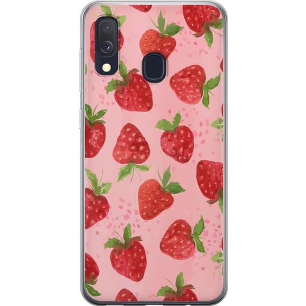 Samsung Galaxy A40 Genomskinligt Skal Strawberry Dreams – jordgubbsmönster i retrostil