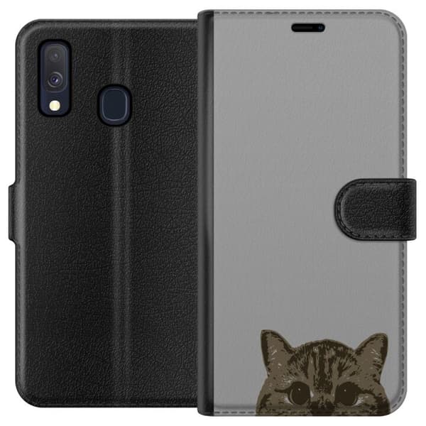 Samsung Galaxy A40 Tegnebogsetui Grå Katteblik - stilfuld kat design med grå baggrund