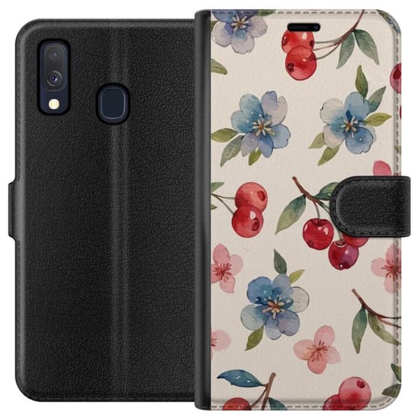 Samsung Galaxy A40 Lompakkokotelo Marjat & Kukat - kuvio, jossa on sinisiä kukkia ja metsänmarjoja