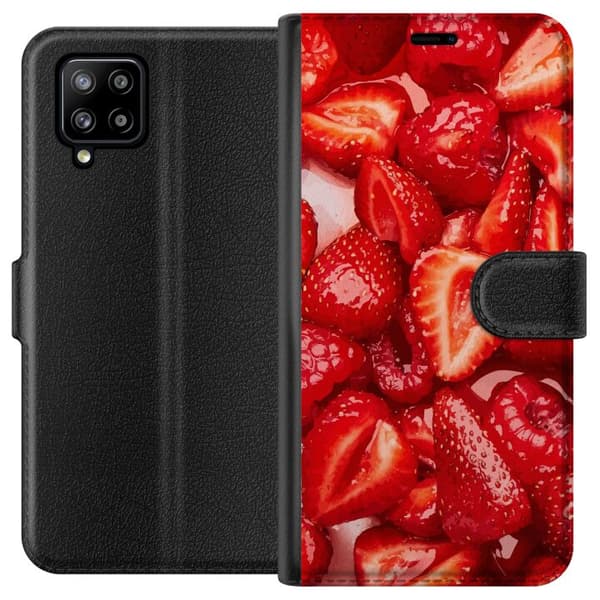 Samsung Galaxy A42 5G Lompakkokotelo Mansikkakuviointi - makea motiivi kesäfiiliksellä