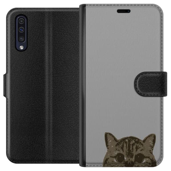 Samsung Galaxy A50 Lommeboketui Grå Kattblikk - stilren katte design med grå bakgrunn
