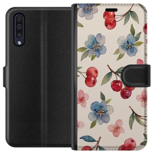 Samsung Galaxy A50 Lommeboketui Bær & Blomster - mønster med blå blomster og skogsbær
