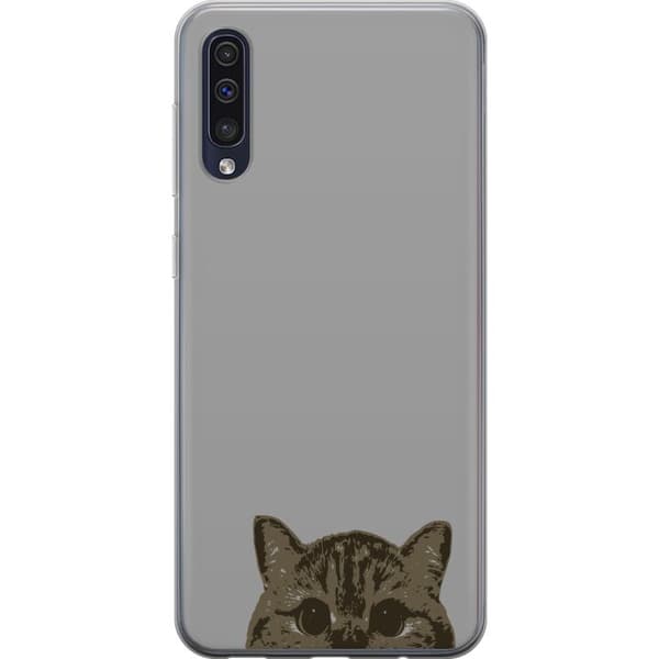 Samsung Galaxy A50 Läpinäkyvä kuori Harmaa kissan katse - tyylikäs kissa suunnittelu harmaalla taustalla
