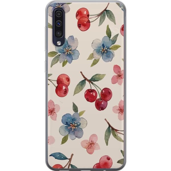 Samsung Galaxy A50 Läpinäkyvä kuori Marjat & Kukat - kuvio, jossa on sinisiä kukkia ja metsänmarjoja
