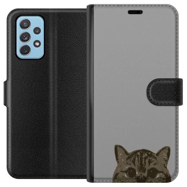 Samsung Galaxy A52 5G Lommeboketui Grå Kattblikk - stilren katte design med grå bakgrunn