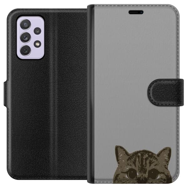 Samsung Galaxy A52s 5G Plånboksfodral Grå Kattblick – stilren kattdesign med grå bakgrund