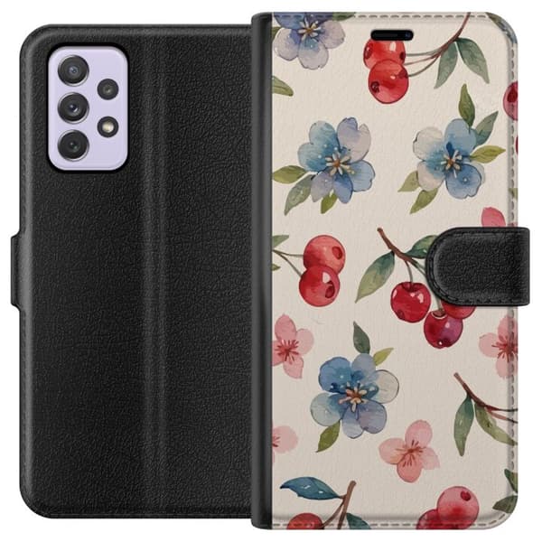 Samsung Galaxy A52s 5G Lompakkokotelo Marjat & Kukat - kuvio, jossa on sinisiä kukkia ja metsänmarjoja