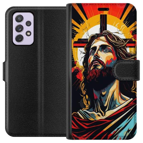 Samsung Galaxy A52s 5G Lompakkokotelo Jeesus ja Kortti - uskonnollinen motiivi syvällä symboliikalla