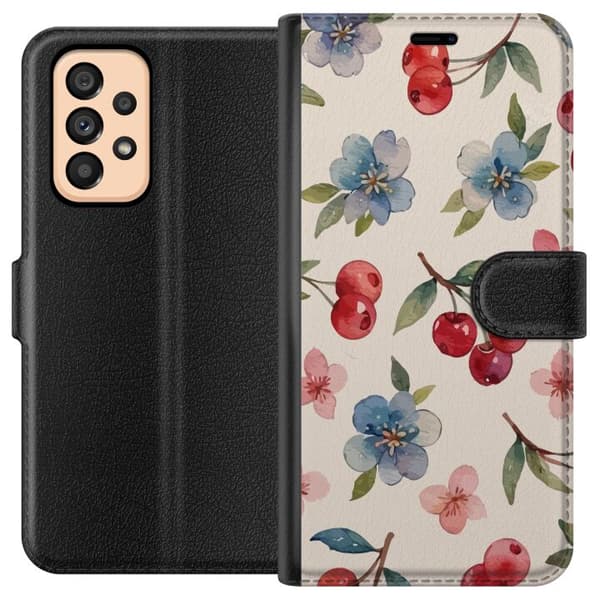 Samsung Galaxy A53 5G Plånboksfodral Bär & Blommor – mönster med blå blommor och skogsbär