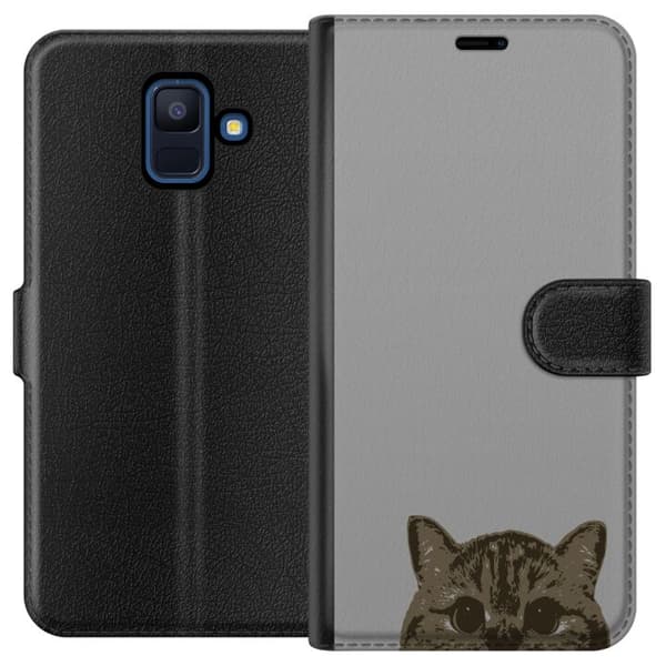 Samsung Galaxy A6 (2018) Lompakkokotelo Harmaa kissan katse - tyylikäs kissa suunnittelu harmaalla taustalla