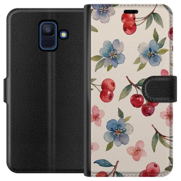 Samsung Galaxy A6 (2018) Lompakkokotelo Marjat & Kukat - kuvio, jossa on sinisiä kukkia ja metsänmarjoja