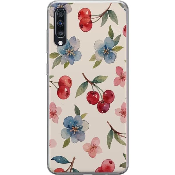 Samsung Galaxy A70 Genomskinligt Skal Bär & Blommor – mönster med blå blommor och skogsbär