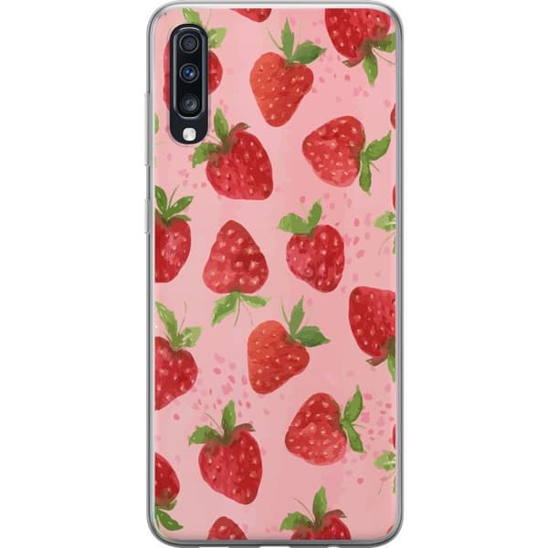 Samsung Galaxy A70 Genomskinligt Skal Strawberry Dreams – jordgubbsmönster i retrostil