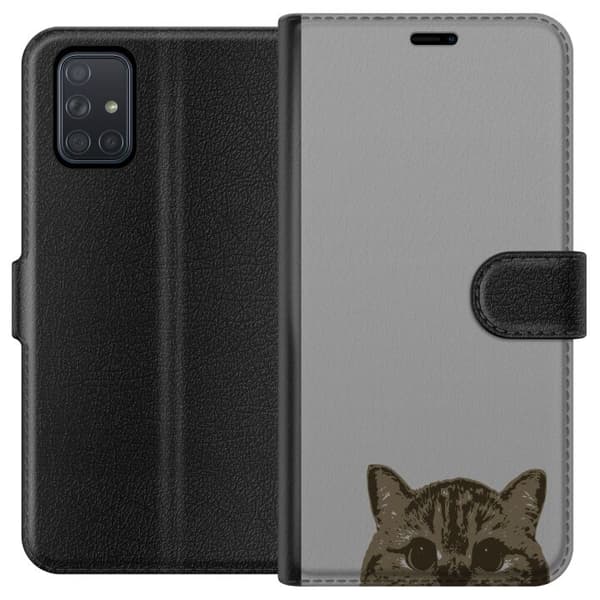 Samsung Galaxy A71 Lommeboketui Grå Kattblikk - stilren katte design med grå bakgrunn