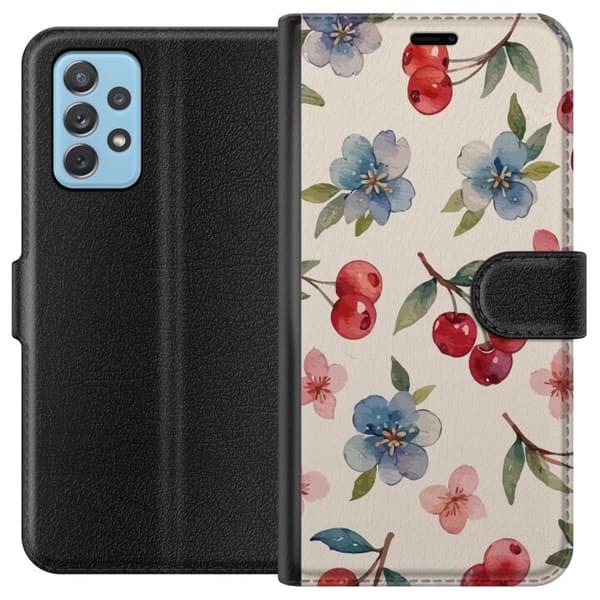 Samsung Galaxy A72 5G Plånboksfodral Bär & Blommor – mönster med blå blommor och skogsbär