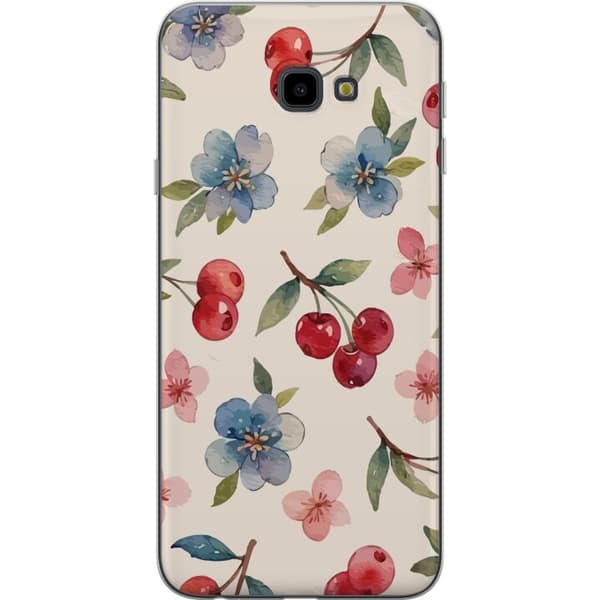Samsung Galaxy J4+ Genomskinligt Skal Bär & Blommor – mönster med blå blommor och skogsbär