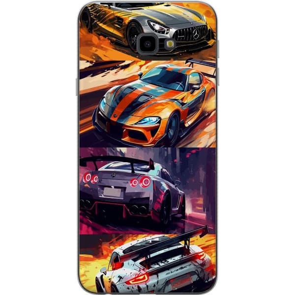 Samsung Galaxy J4+ Gennemsigtig cover Rallyfeber - fartfyldt motiv med rallybiler