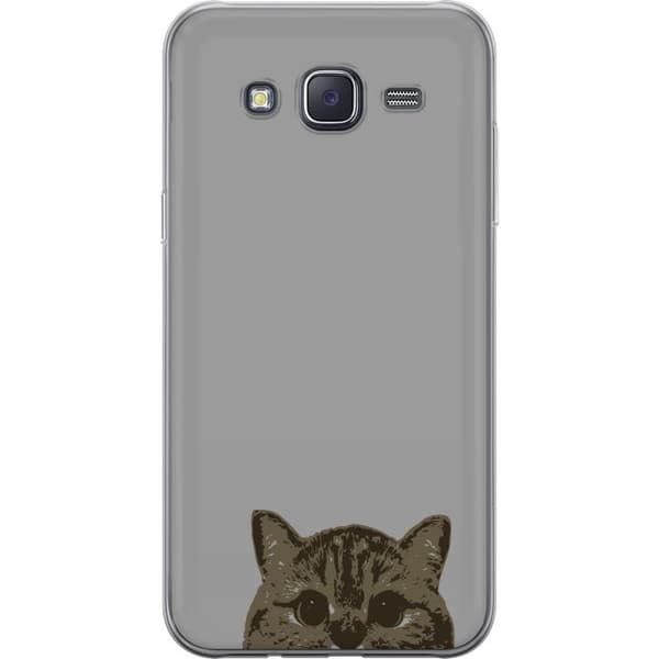 Samsung Galaxy J5 Genomskinligt Skal Grå Kattblick – stilren kattdesign med grå bakgrund