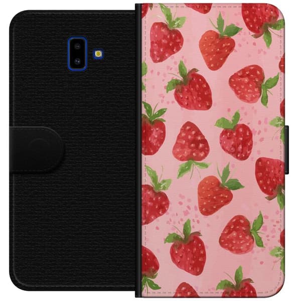 Samsung Galaxy J6+ Plånboksfodral Strawberry Dreams – jordgubbsmönster i retrostil