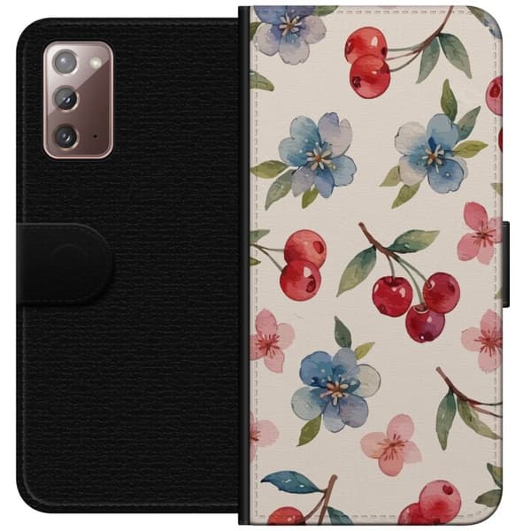 Samsung Galaxy Note20 Lompakkokotelo Marjat & Kukat - kuvio, jossa on sinisiä kukkia ja metsänmarjoja