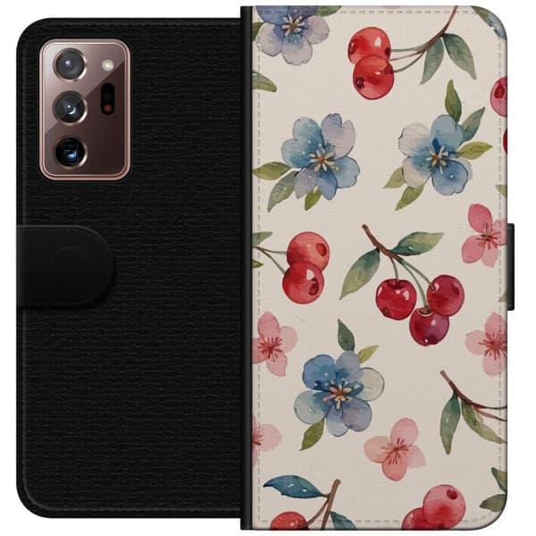 Samsung Galaxy Note20 Ultra Lompakkokotelo Marjat & Kukat - kuvio, jossa on sinisiä kukkia ja metsänmarjoja